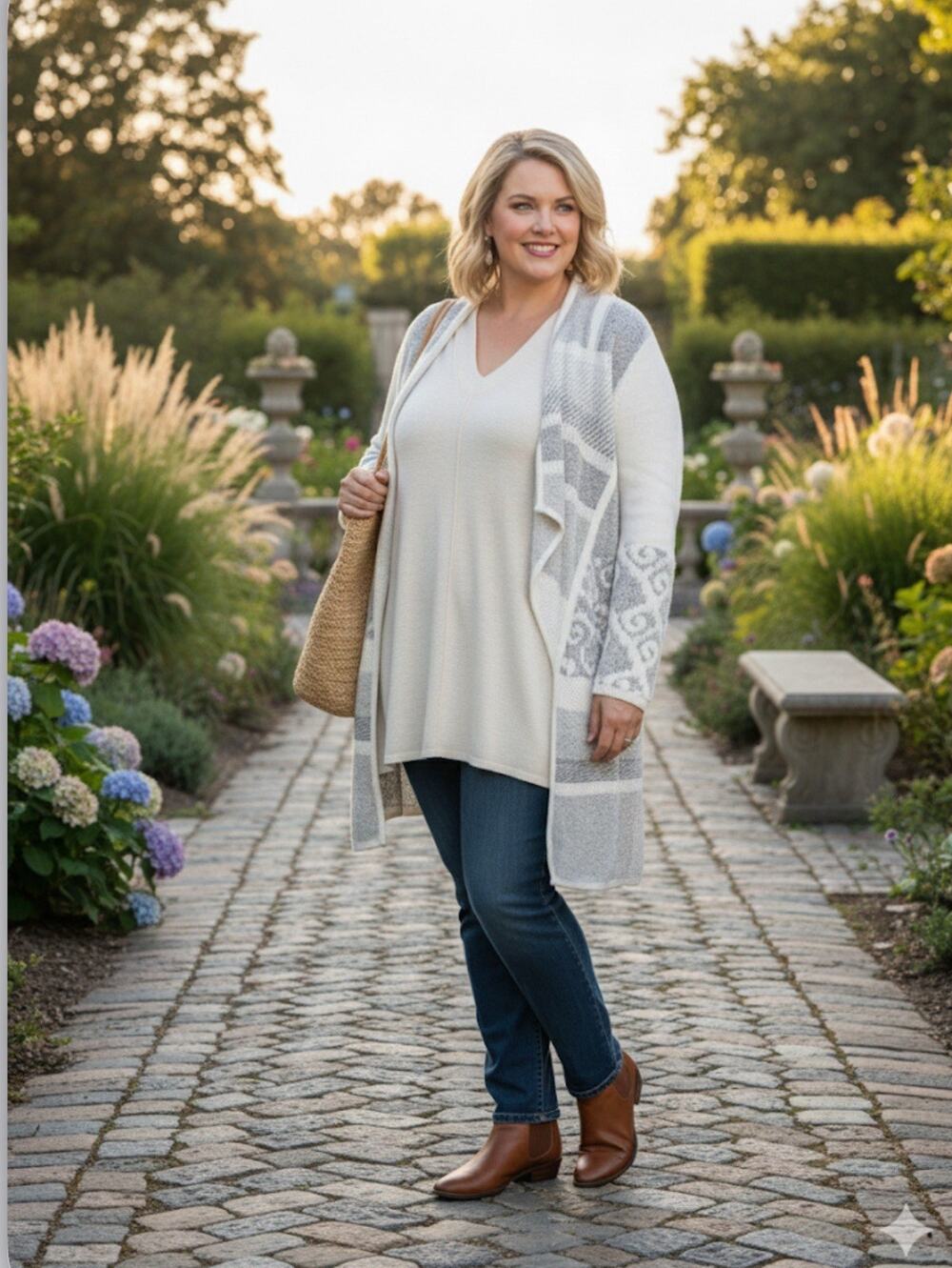 Cardigan Coldwater Creek Plus Size 1X,Open Front, Pattern Block,  Gray/White